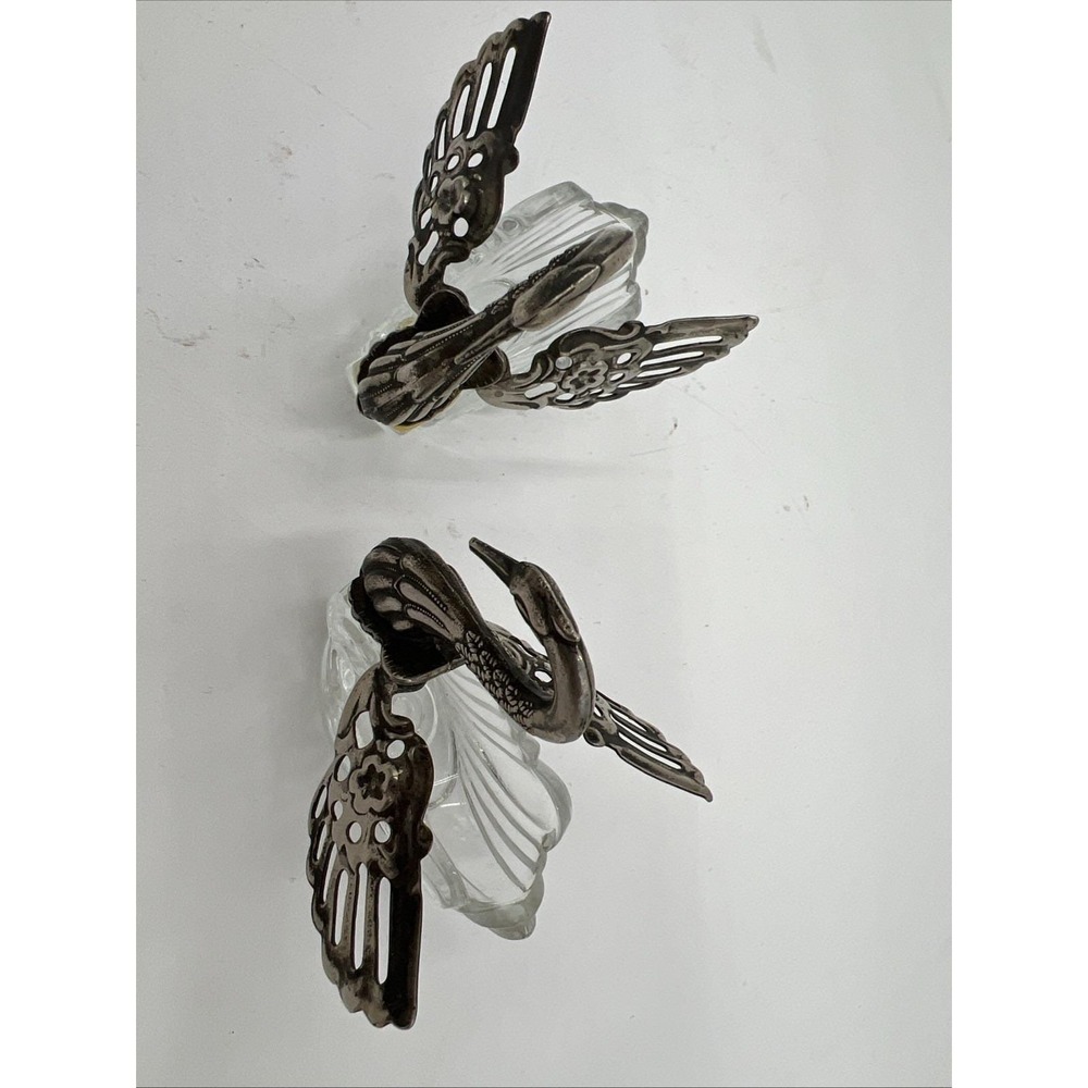Vintage Swan Salt Cellars, Silver Plated, Articulated Wings, Clear Glass, Pair - Picture 5 of 11